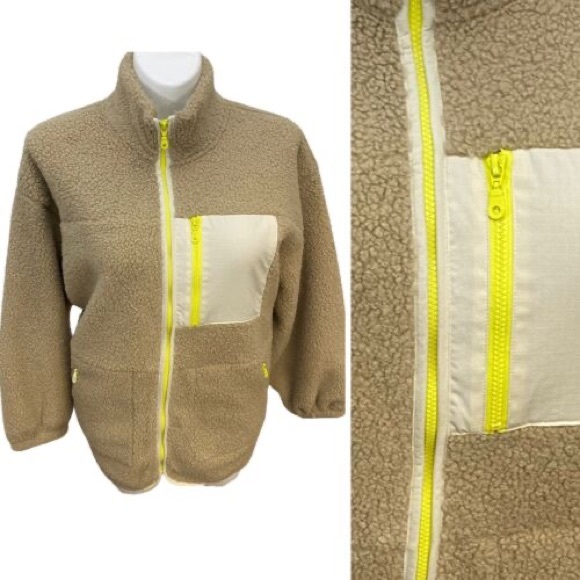 Women’s Sherpa Jacket - Universal Thread Tan with Neon Yellow Accents - Picture 4 of 8